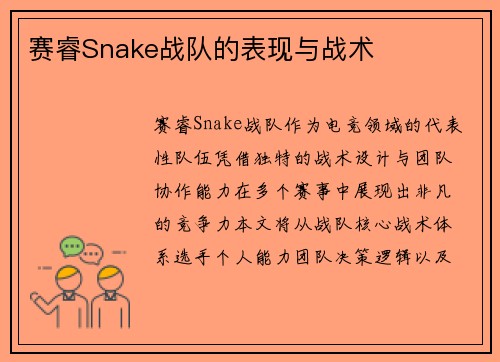赛睿Snake战队的表现与战术