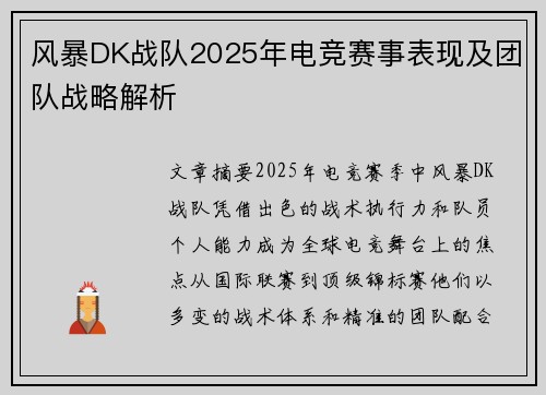 风暴DK战队2025年电竞赛事表现及团队战略解析